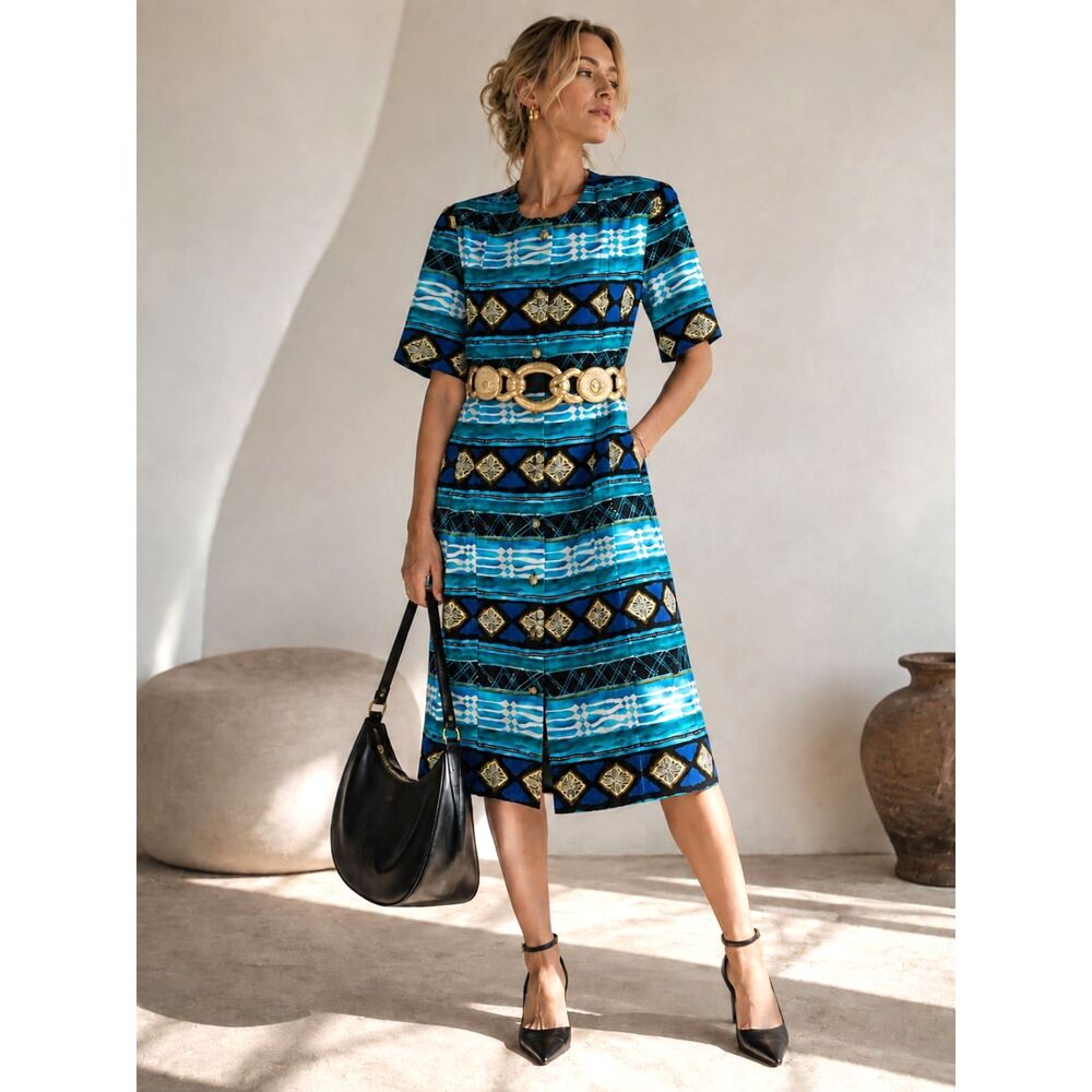 Vintage HBS 16P Geometric Print Midi Dress Blue Teal Gold Button Front Singapore